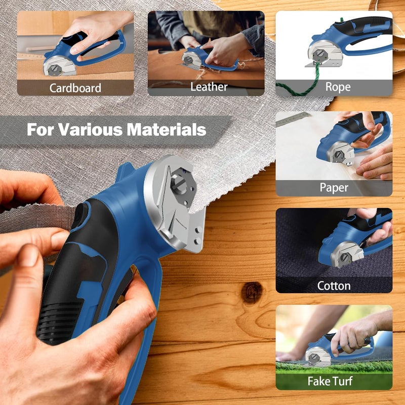 Pratuor Cordless Electric Scissors, 4V Box Cutter & Cardboard Cutter with Upgrade Blade, LED Light, Safety Lock - Rechargeable Rotary Cutter for Fabric, Leather, Plastic, Sewing, Industrial (Steel Blue) - Image 3